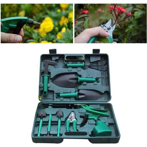 Outils de Jardinage - - Set de 10 Pièces avec Pelle, Ciseaux, Harrow et Pulvérisateur d'eau Anti-rouille (1/5)