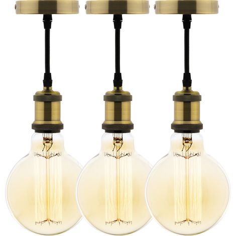Lot de 3 kits de suspension vintage avec câble textile et ampoules filament carbone Petit globe (1/2)