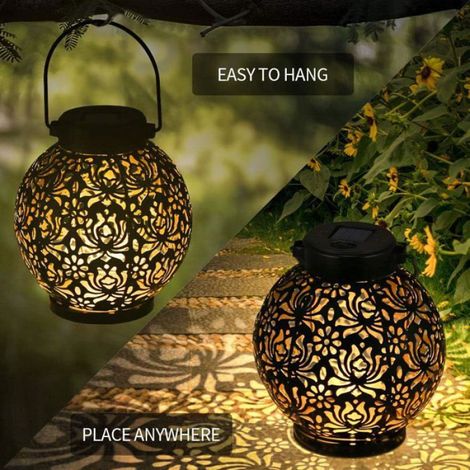 Lanterne solaire extérieure LED, lampe solaire décorative à suspendre en métal noir, étanche, pour jardin et terrasse (1/5)