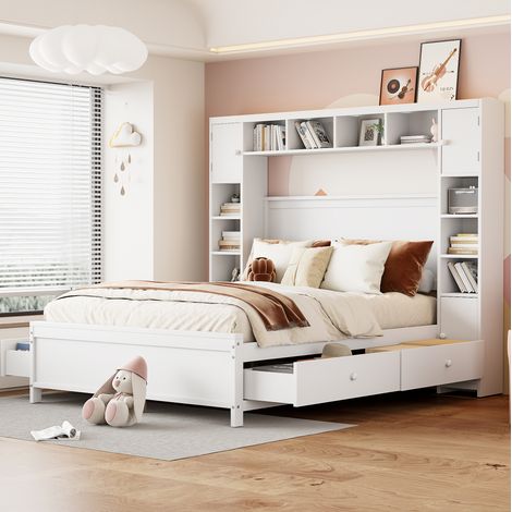 Bett mit Stauraum Massivholz Weiß 140x200 cm, mit 4 Schubladen, Stauschrank und Lattenrost (1/5)