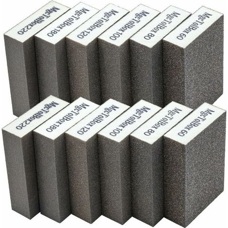 Choyclit – Lot de 12 éponges de ponçage lavables – Assortiment grains 60/80/100/120/180/220 – Pour polissage bois et métal – Utilisation humide et sèche - 12pcs