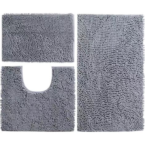 BEBUSINGOTO Badematten-Set, 3-teilig, WC-Vorleger, weich, saugfähig, dick, Chenille, rutschfest, für Badezimmer/Toilette