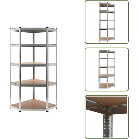 Eckregal mit 5 Böden Silbern Stahl & Holzwerkstoff - Eckregal - Industrielles Regal - Metallregal - Lagerschrank - Werkzeugschrank (1/5)