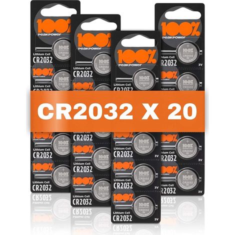 Piles CR2032 Lot de 20 - Batteries Lithium 3V - 100%Peakpower (1/5)