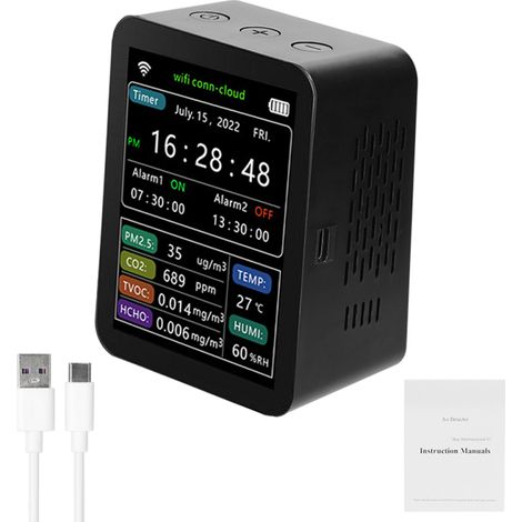 Détecteur qualité air Tuya WiFi 6 en 1 – PM2.5 CO2 TVOC HCHO température humidité, écran date/heure, alarme (1/5)