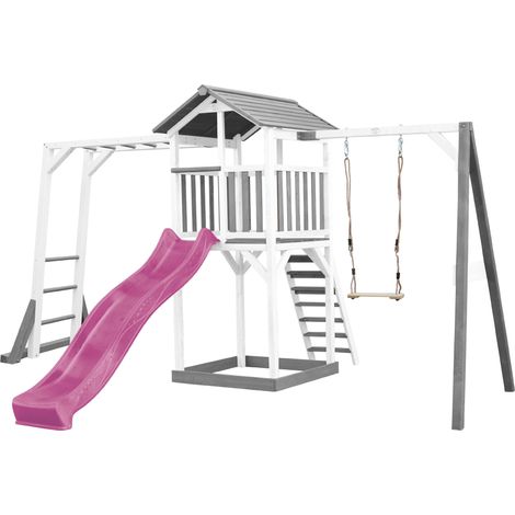 Axi Beach Tower Aire De Jeux Avec Toboggan En Violet, Cadre D'Escalade, Balançoire & Bac À Sable Grande Maison Enfant Extérieur En Gris & Blanc Cabane De Jeu En Bois Fsc