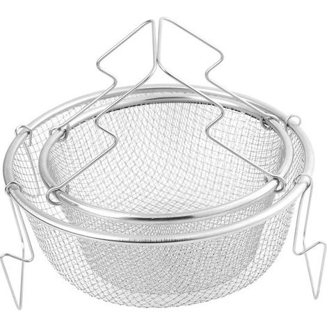 Juego de 2 cestas para freír de acero inoxidable aptas para alimentos con malla fina, asa doméstica y espacio de almacenamiento. (1/5)