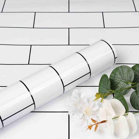 Papier Adhesif pour Meuble Carreaux Effet Blanc Lavable Revetement Plan De Travail Cuisine Brillant Papier Peint Autocollant Carrelage Metro Blanc Mural Dosseret 40CMx3M (1/5)
