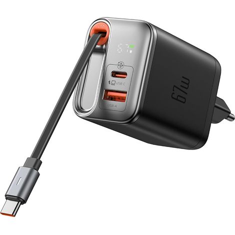 1 Chargeur GaN 67 W, affichage numérique, câble rétractable, ports USB-C et USB-A, pour smartphone et ordinateur portable (1/5)