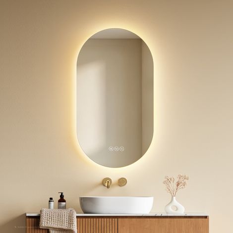 EMKE Miroir LED Salle de Bain Ovale 45 x 75 cm Sans Cadre, Antibuée, Intensité Variable, Blanc chaud/Neutre/Froid, Fonction Mémoire, IP44 (1/5)
