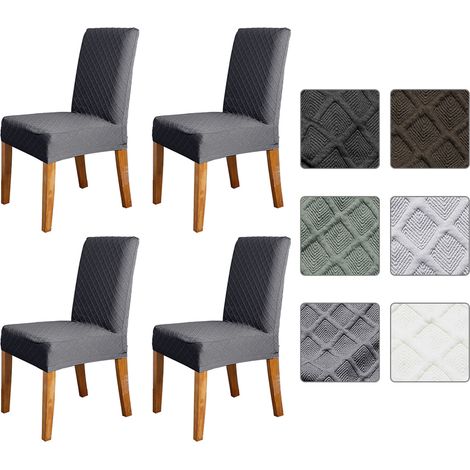 Housse de chaise de salle à manger en treillis de diamant solide extensible Protecteur de chaise de salle à manger court amovible et lavable pour chaise de salle à manger d'hôtel 4 pièces Gris foncé (1/5)