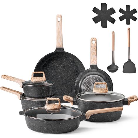 VEVOR Set di Pentole, Padelle Antiaderenti in Granito con Manico, Set di Pentole a Induzione da Cucina per Camper, con Frittura, Coperchi in Vetro Temperato, Nero 17 Pezzi (1/5)