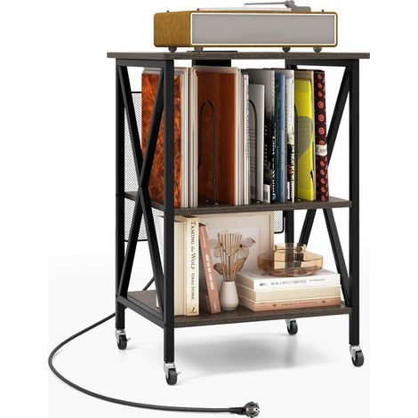 COSTWAY Meuble Tourne-Disque Vinyle avec Prise, Table d’Appoint à Roulette avec Station de Charge, 2 Prises, 2 USB, 1 Type-C, Bout de Canapé, Support Tourne-Disque Industriel (Gris) (1/5)