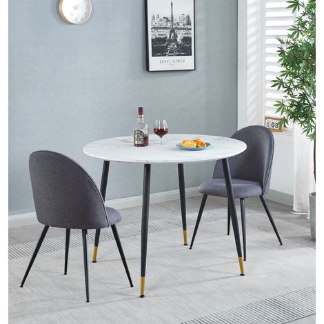 Hallowood Furniture Finley Small Dining Table and 2 Chairs Set, Round White Marble Effect Kitchen Table and Chairs Set 2 with Dark Grey Fabric Chairs, Perfect for Home & Café (1/5)