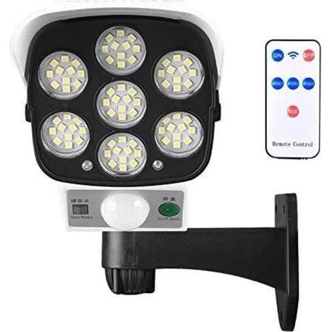 Lampe solaire d'extérieur avec détecteur de mouvement sans fil et caméra de sécurité factice IP66 étanche 77 LED lampe murale spot pour cour, jardin, terrasse, garage, allée.. (1/4)