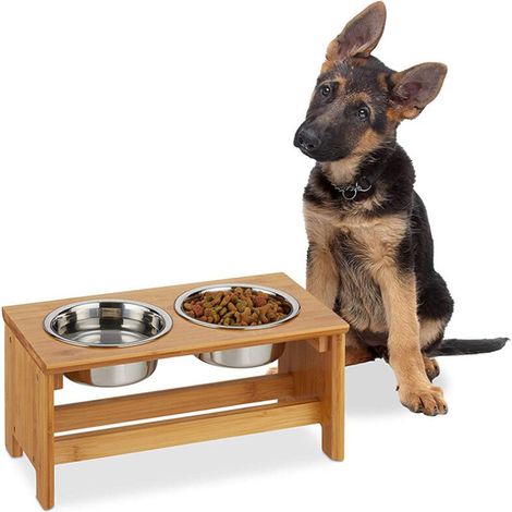 ® Gamelle pour chiens et chats, avec Support en Bambou, station d'alimentation, 2 bols en acier inoxydable, support de bol alimentaire (1/5)