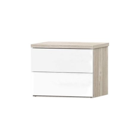 Comodino Melodia 2 Cassetti Rovere Sbiancato e Bianco Lucido – Design Moderno Senza Maniglie