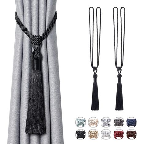 Juego de 2 alzapaños largos con borlas para cortinas, hechos a mano con cuerda trenzada y nudos europeos para decoración de ventanas y oficinas (Negro) (1/5)