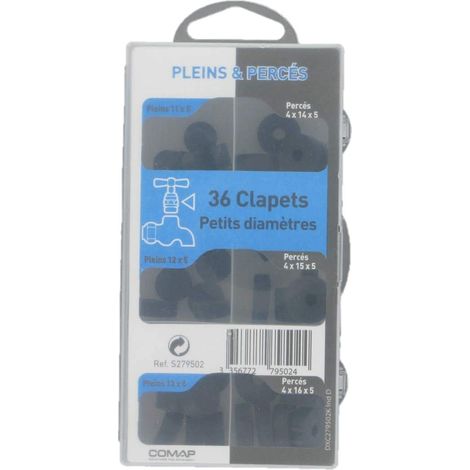 Comap – Coffret de 36 clapets pleins et percés d'étanchéité pour robinet – Dimensions : 11x5, 12x5, 13x6, 4x14x5, 4x15x5, 4x16x5 – Joint pour robinet – S279502