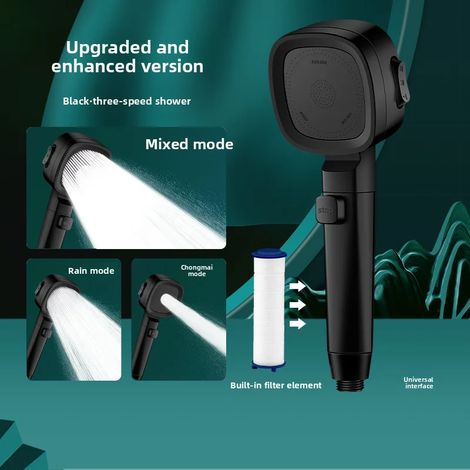 Pommeau de douche carré à filtre trois modes (noir), arrêt par simple pression d'un bouton, interface universelle (1/4)