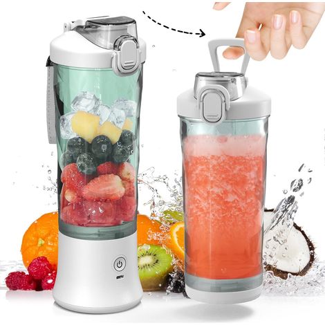Blender portable DENOKIN, pour milkshakes et smoothies, sans fil, format individuel, 590 ml (20 oz), avec 6 lames et uncouvercle de voyage (blanc pomme) (1/5)