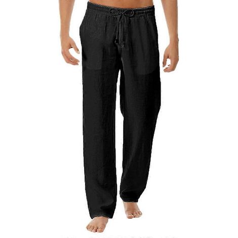 Herren-Hose in Leinenoptik, Baggy-Hose mit elastischem Bund, lässige Strand- und Yogahose-XXXL-Black