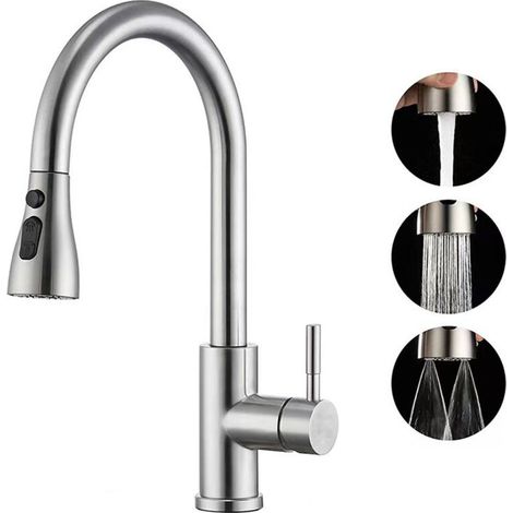 Robinet Cuisine avec Douchette Extensible Mitigeur - Rabattable Mitigeur Robinet Evier de Cuisine avec 3Douchette Modes, 360° Robinet Cuisine