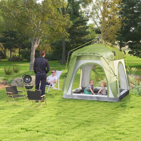 Tente camping escamotable 2 places porte articulée 3 fenêtres verte - Dimensions: 240x240x199 cm