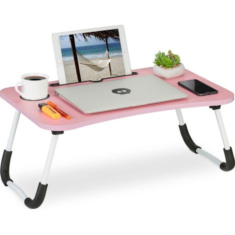 Table lit et canapé ordinateur portable, porte-tablette, encoche gobelet, HxLxP : env. 26x63x40 cm, rose/blanc (1/5)