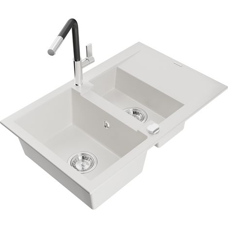 Mexen Gaspar 1,5-Becken-Granitspüle mit Abtropffläche und Mischbatterie Flora, Weiß - 6507-20-670401