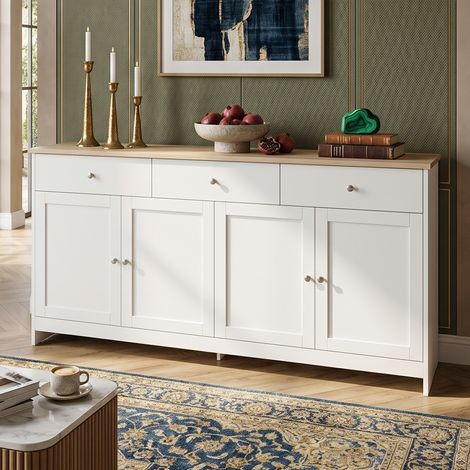 Creahappy Buffet Enfilade 160x37x75 cm - Grand Rangement 4 Portes 3 Tiroirs - Style Campagne Chic - Blanc et Chêne (1/5)