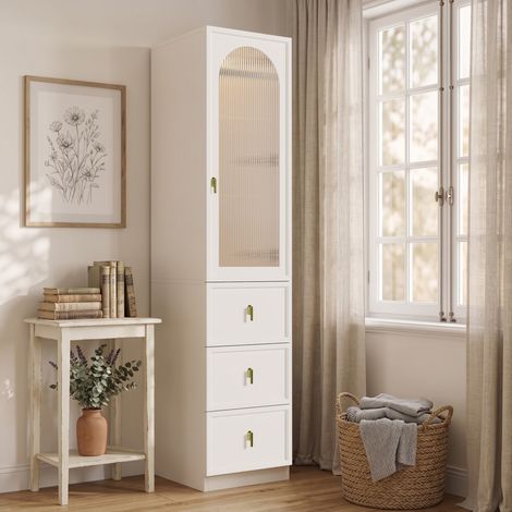 MODFU – Armadio 45x48x200 cm in MDF/acciaio con LED, 1 anta, appendiabiti, 3 cassetti e carico 30/20 kg – Bianco (1/5)