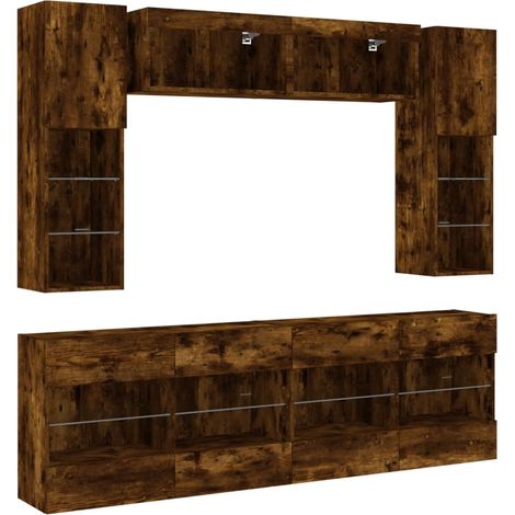 Set di 6 mobili porta TV/guardaroba/soggiorno con luci a LED finitura rovere fumé marrone 020025352