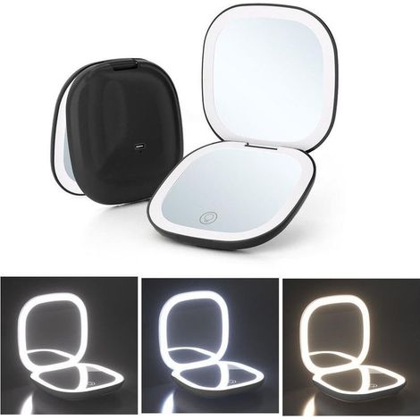 Miroir de maquillage lumineux grossissant x10, à intensité variable, double face, portable, noir (1/5)