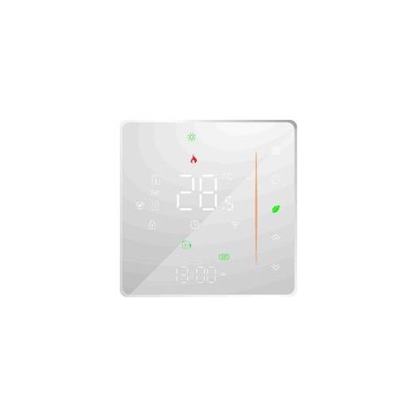 Termostato inteligente WiFi para calefacción. Incluye pantalla táctil, aplicación móvil y control por voz mediante Alexa, Google Home y otros sistemas similares.