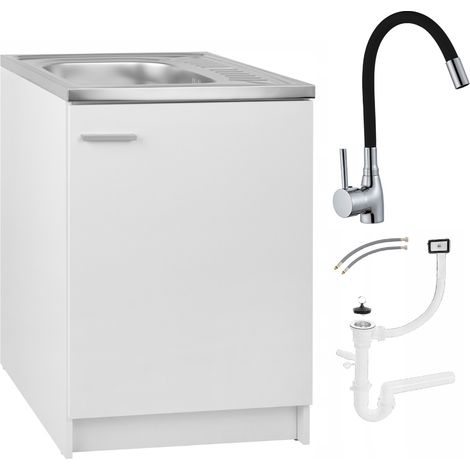 Meuble de Cuisine Slim 60 - Blanc - Pratique et Élégant - Avec Évier et Robinet Noir (1/5)