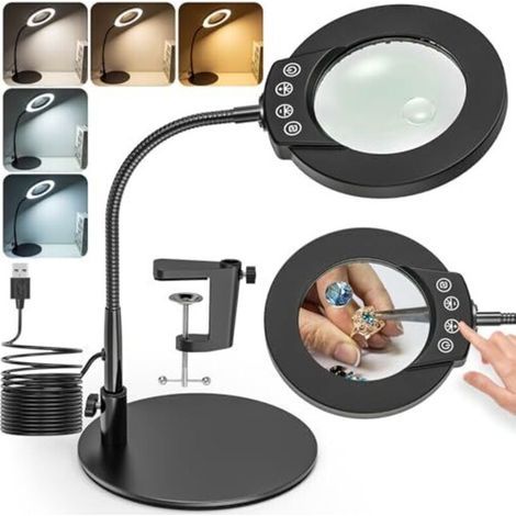Lampe loupe à col de cygne, grossissement 15x ou 10x, avec lampe, pince et socle, lampe de bureau à 5 modes de couleur pour la lecture, les réparations et les travaux manuels. (1/4)