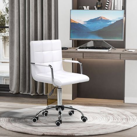 Bureau assis-debout réglable 84-99 cm, fauteuil de direction ergonomique pivotant blanc PU, idéal pour télétravail et usage professionnel