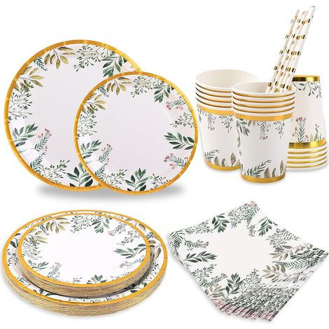 Lot de 125 assiettes en carton vert sauge pour 25 invités, assiettes plates de 22,9 cm, assiettes à dessert de 17,8 cm, gobelets jetables, pailles, serviettes (1/5)