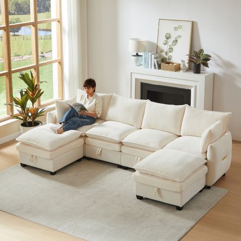 Canapé d'angle en U avec rangement — Ensemble modulaire composé de quatre modules d'assise et de deux poufs  canapé de style moderne revêtu de tissu chenille, avec structure en bois massif. (1/4)