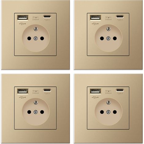 Lot de 4 prises murales avec USB et Type-C, 5 V 2,1 A, prise USB encastrée standard UE, multiprise France, 110-250 V (Doré) (1/5)