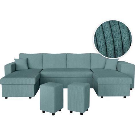 Canapé panoramique OSLO convertible avec 2 coffres, 2 poufs à droite en velours côtelé bleu clair (1/5)