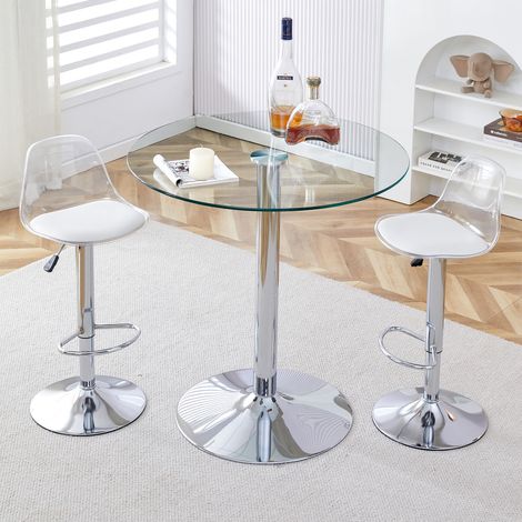 Mesa redonda Ø89 cm + 2 taburetes de bar regulables 82–104 cm, cristal y metal, asientos transparentes - plata (1/5)