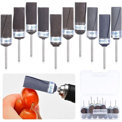 Lot de 10 tambours de ponçage, manchons de ponçage, points de meulage abrasifs, embouts de polissage cylindriques pour outil rotatif 180/240/320/400/600/800/1000/1200/1500/2000 (1/5)