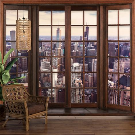 Papier peint panoramique Trompe l'oeil Fenêtre en bois - New York - 130 cm x 104 cm (1/5)