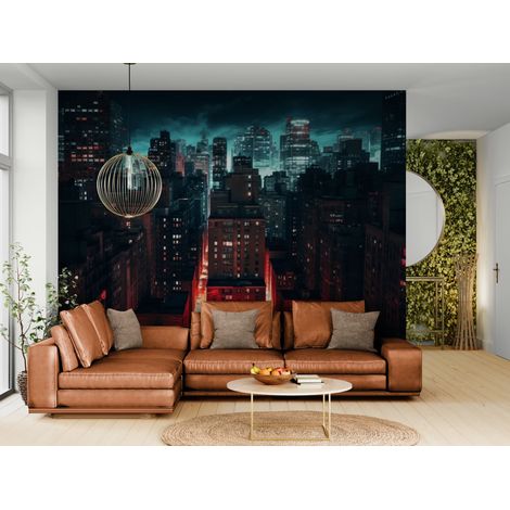 Papier peint Ville – Gratte-ciels sombres et lumières nocturnes - 500 x 270 cm (1/2)