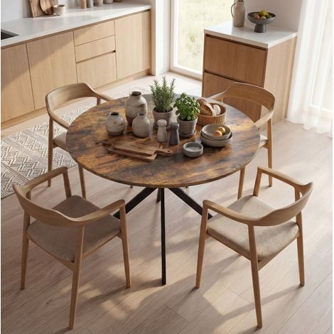 Mesa de comedor redonda 100 cm estilo industrial, marrón rústico con patas de acero en X (1/5)
