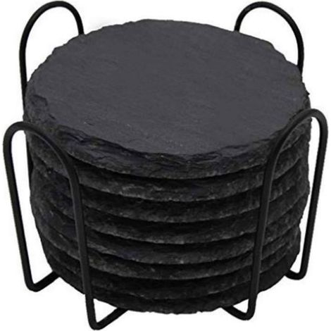Lot de 8 sous verres ronds en ardoise pour tasses verres et boissons protection de table (1/3)
