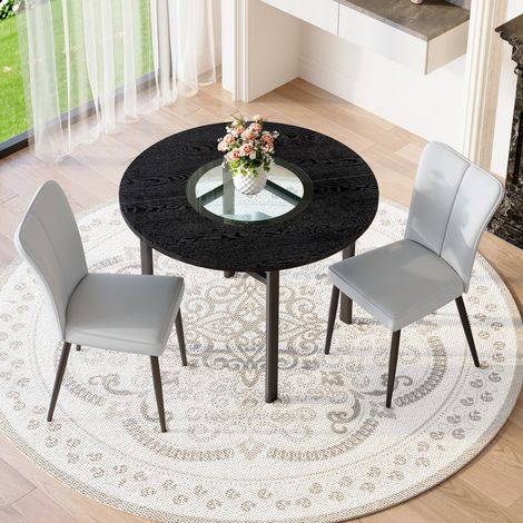 Table ronde noire aspect bois 100 cm diamètre + 2 fauteuils gris clair similicuir PU, pieds métal noir, ensemble minimaliste moderne pour salon