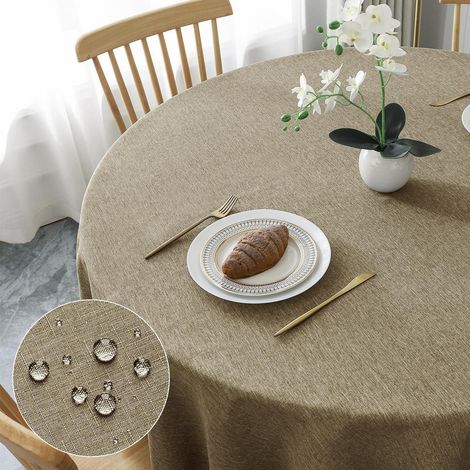 Nappe ronde 180cm, Marron Café, aspect lin, lavable, imperméable
